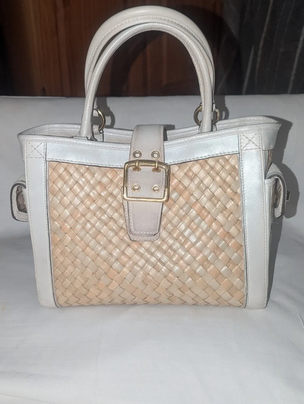 Vintage Coach Hamptons Y2K Woven Satchel in Natural and White Leather 4419